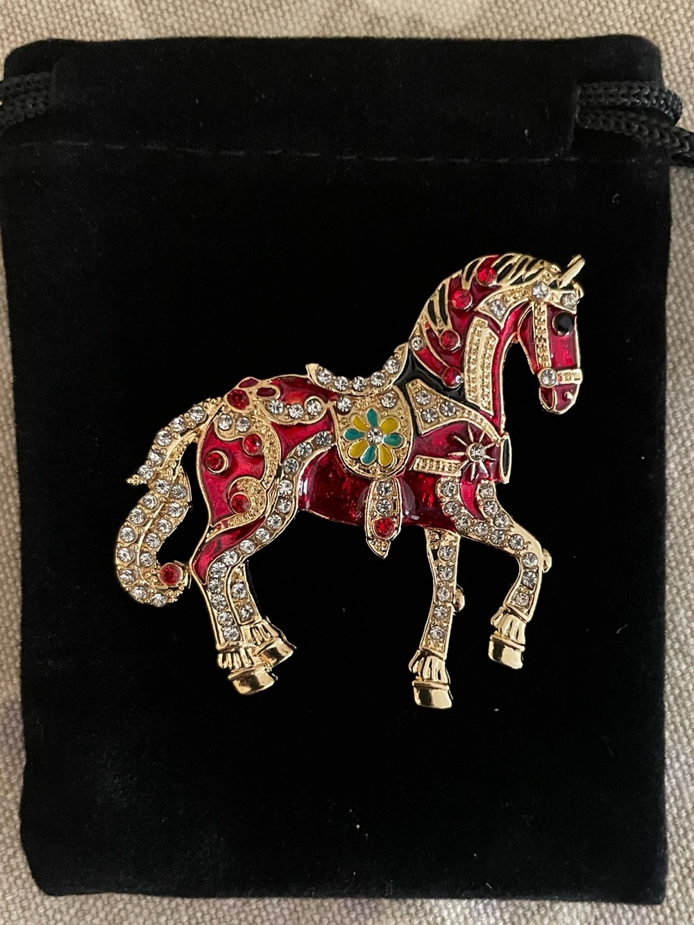 Red Horse Brooch Pin with Gold Plating and Crystal Accents